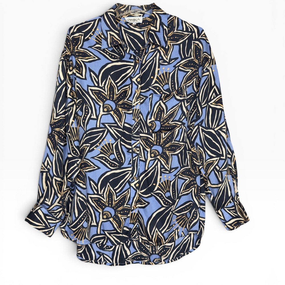 Omika Button Down Shirt Women S Blue Floral Modal Roll Tab Long Sleeve Handmade